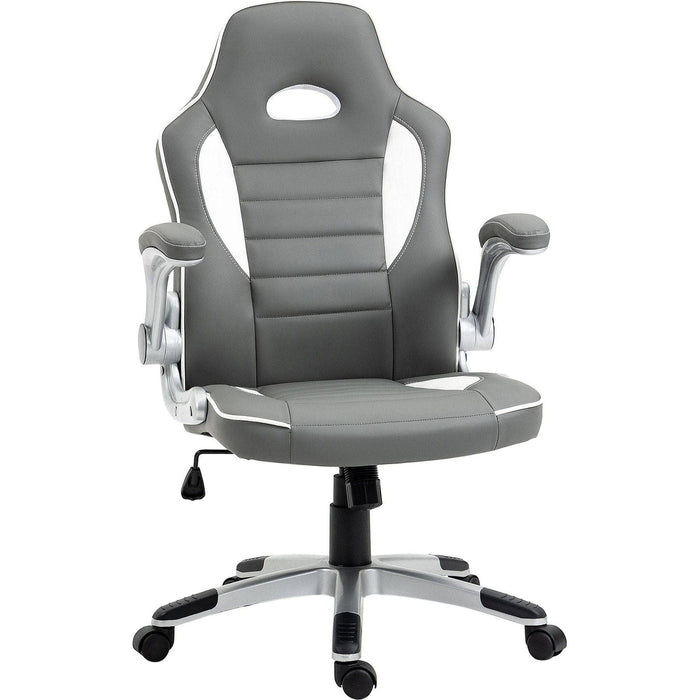 Office Chair PU Leather Gaming Style with Flip-Up Armrests - Grey - Green4Life