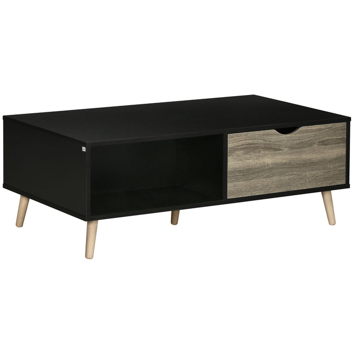 HOMCOM Coffee Table with Open Storage Shelves, Two Drawers and Solid Wood Legs - Black - Green4Life