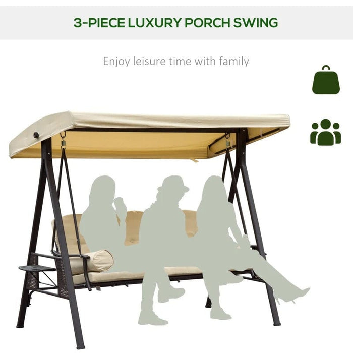 3 Seater Garden Swing Chair with Adjustable Canopy, Cushions and Cup Trays - Beige - Outsunny - Green4Life