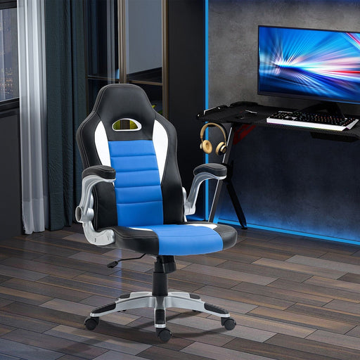 Office Chair PU Leather Gaming Style with Flip-Up Armrests - Blue - Green4Life