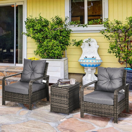 Outsunny 3-Piece PE Rattan Wicker Bistro Set with Armchairs & Storage Table - Grey - Green4Life