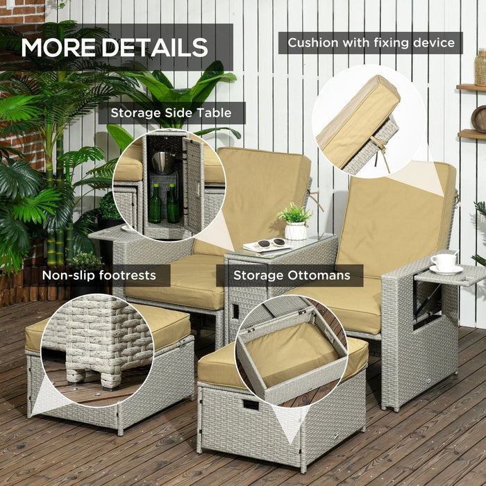 Outsunny 5-Piece Recliner PE Rattan Sun Lounger Set with Storage Side Table, and Footstools for Patio and Garden - Beige/Khaki - Green4Life