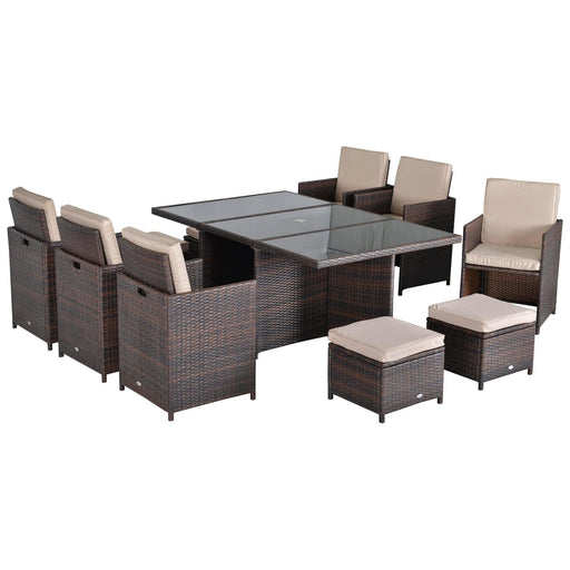 Outdoor 11 Pieces Rattan Dining Set with 6 Chairs 4 Footrests & 1 Table - Mixed Brown - Outsunny - Green4Life
