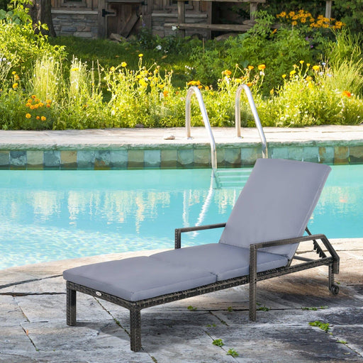 Outdoor Rattan Wicker Sun Lounger with Adjustable Backrest and Convenient Wheels - Dark Grey - Outsunny - Green4Life