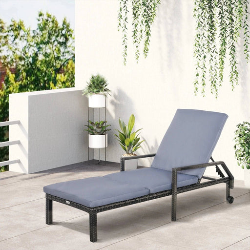 Outdoor Rattan Wicker Sun Lounger with Adjustable Backrest and Convenient Wheels - Dark Grey - Outsunny - Green4Life