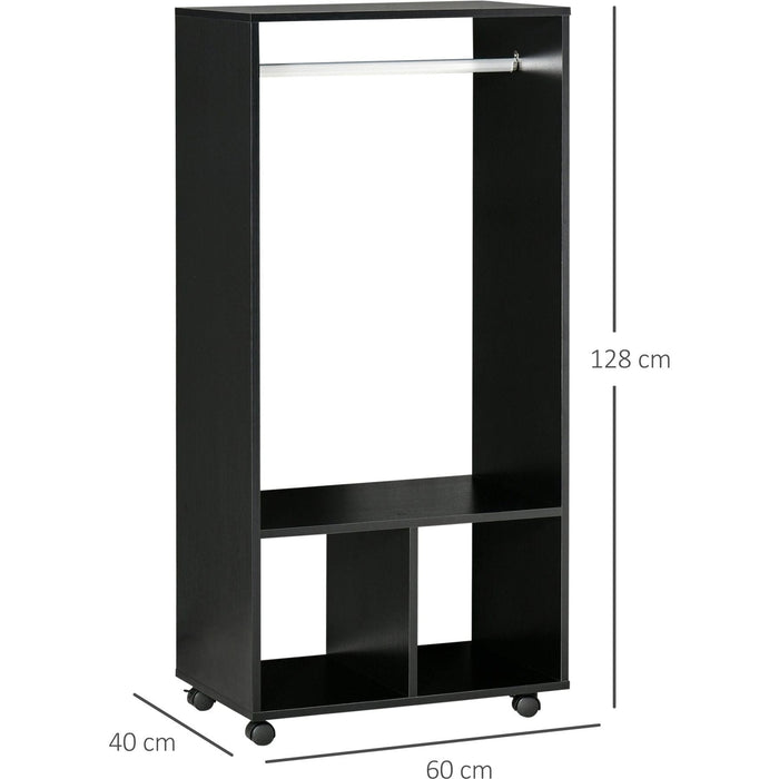 Open Wardrobe on Wheels with Hanging Rail and Shelves - Black - Green4Life