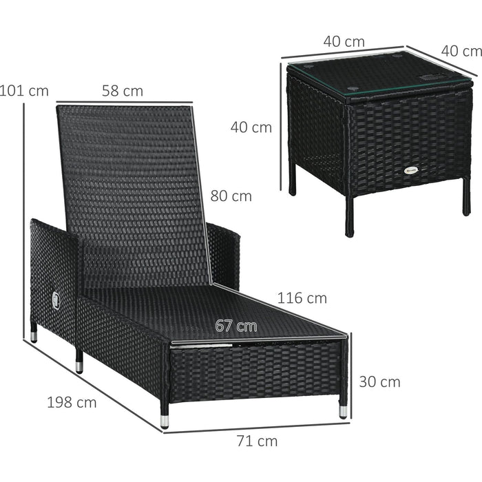 Outsunny 3-Piece Rattan Sun Lounger Set with Adjustable Backrest, Cushions, and Glass Top Table - White/Black - Green4Life