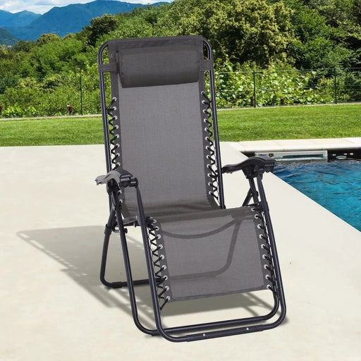 Grey Sun Lounger Chair - Folding Recliner with Pillow - Outsunny - Green4Life