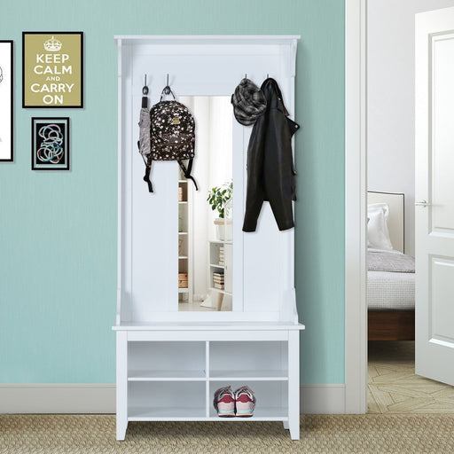Hallway Furniture Shoe Bench with Shelves, Mirror & Coat Rack with 4 Hooks - White - Green4Life