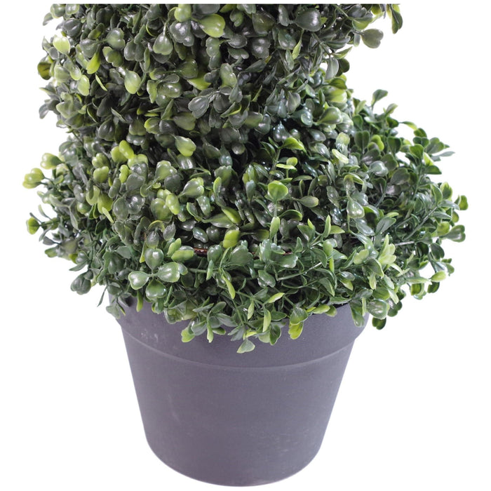 Pair of 120cm (4ft) Tall Artificial Boxwood Tower Trees Topiary Spiral Metal Top - Green4Life