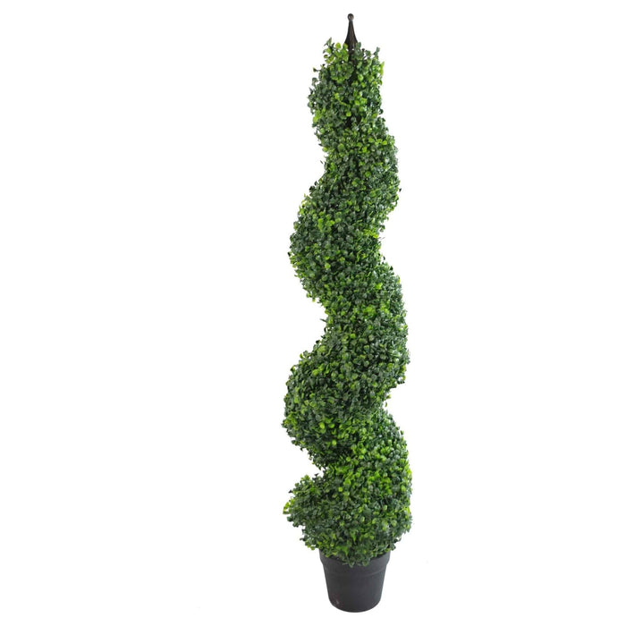 Pair of 120cm (4ft) Tall Artificial Boxwood Tower Trees Topiary Spiral Metal Top - Green4Life