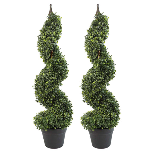 Pair of 90cm (3ft) Tall Artificial Boxwood Tower Trees Topiary Spiral Metal Top - Green4Life