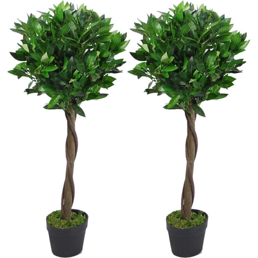 Pair of 90cm Topiary Bay Laurel Ball Artificial Trees - Twisted Stem - Green4Life