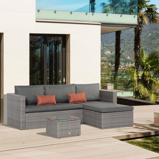 PE Rattan Corner Sofa Set with Tempered Glass Table-top & Cushions - Grey - Outsunny - Green4Life