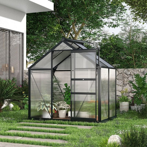 Outsunny 6 x 4 ft Walk-In Polycarbonate Greenhouse with Sliding Door, Galvanised Base & Aluminium Frame - Grey - Green4Life