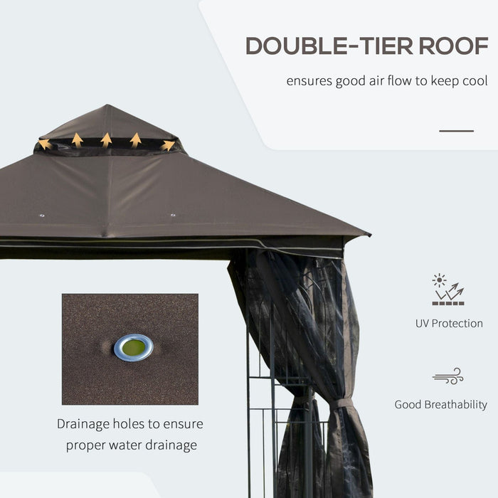 Outsunny 3x3m Coffee Brown Garden Gazebo with Double Tier Roof and Mesh Curtains - Green4Life