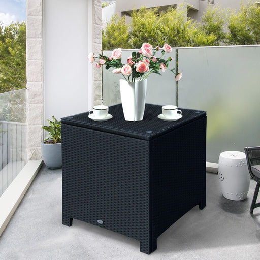 Outsunny Rattan Side Table with Tempered Glass Top - Black - Green4Life