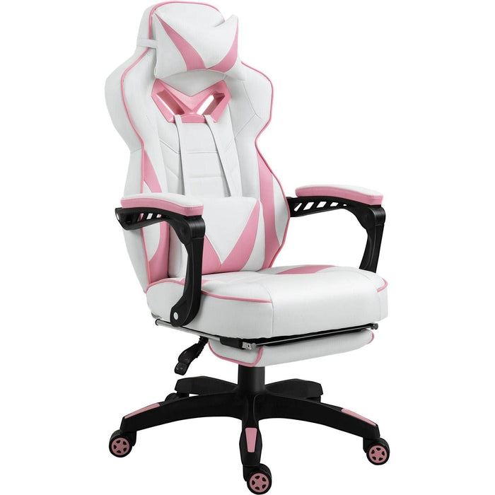 PU Leather Gaming Chair with Footrest and Headrest - Pink/White - Green4Life