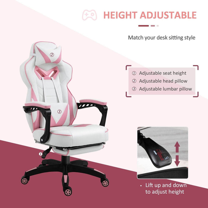 PU Leather Gaming Chair with Footrest and Headrest - Pink/White - Green4Life