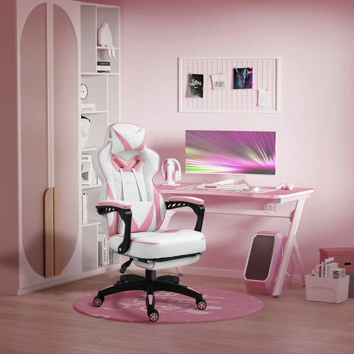 PU Leather Gaming Chair with Footrest and Headrest - Pink/White - Green4Life