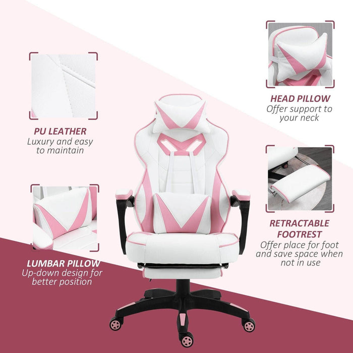 PU Leather Gaming Chair with Footrest and Headrest - Pink/White - Green4Life