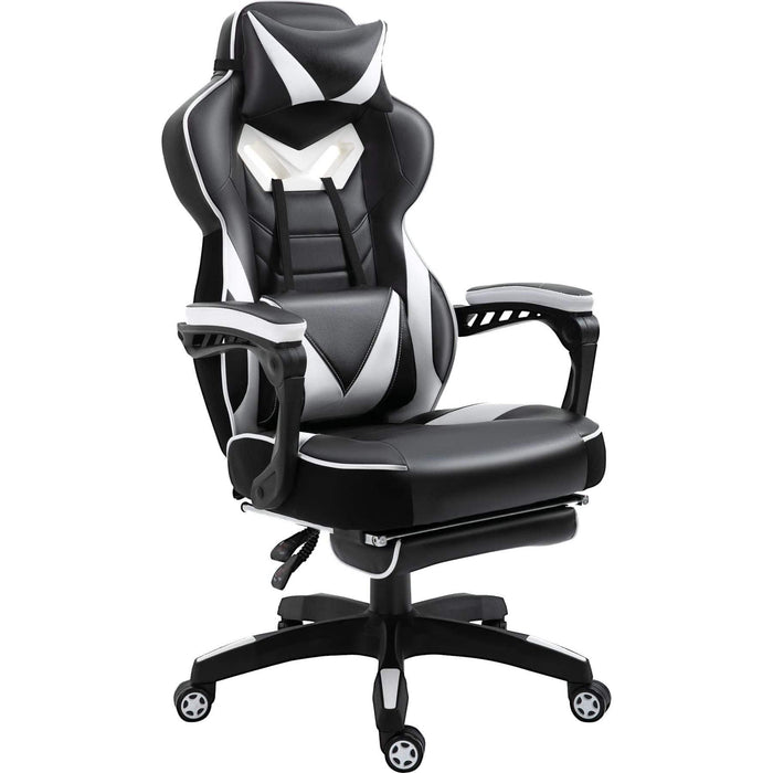 PU Leather Gaming Chair with Footrest and Headrest - White/Black - Green4Life