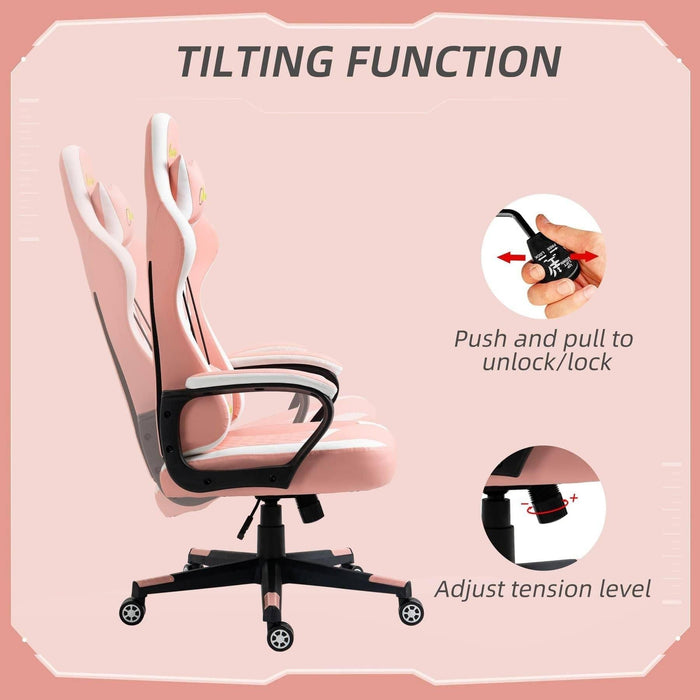 PVC Leather Gaming Desk Chair with Lumbar Support and Headrest - Pink/White - Green4Life