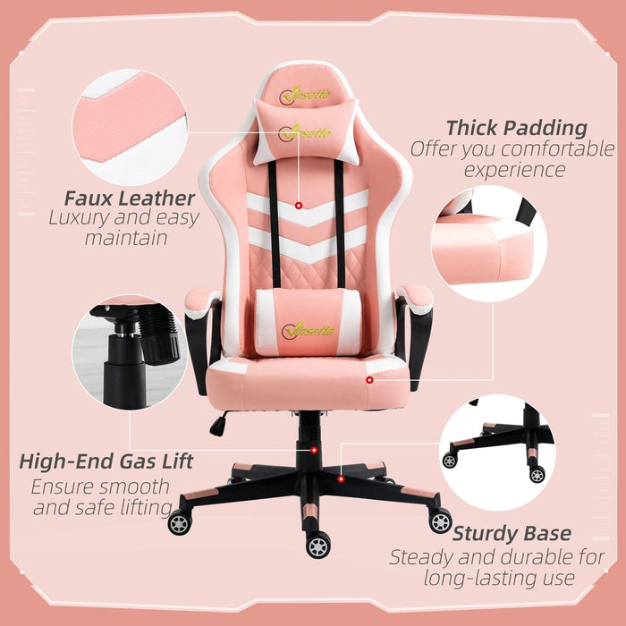 PVC Leather Gaming Desk Chair with Lumbar Support and Headrest - Pink/White - Green4Life