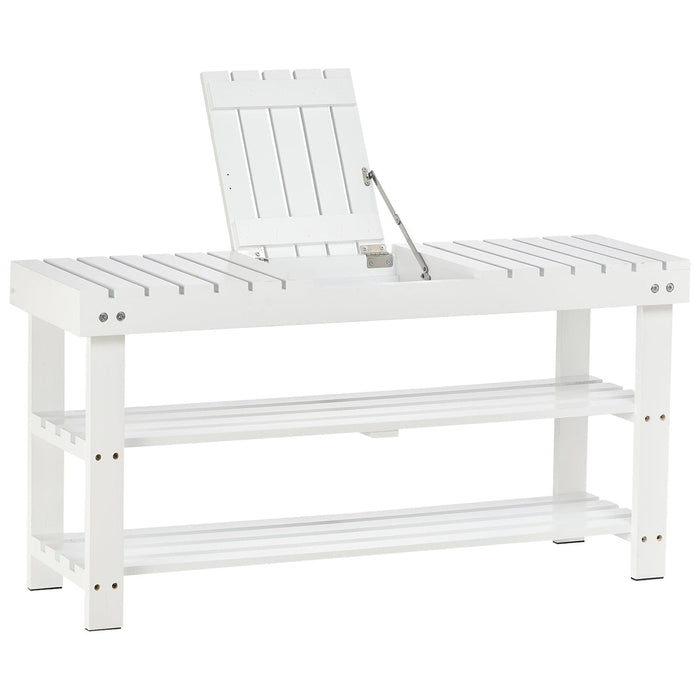Wooden Shoe Bench with 3-Tier Shelves & Hidden Storage Compartment - White - Green4Life