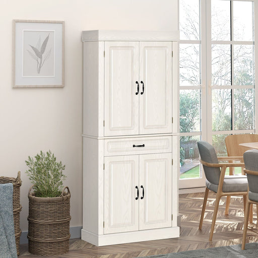 Freestanding Kitchen Cabinet with 4 Doors, Wide Drawer and Shelves, 80W x 35D x 180H cm - White Wood Grain - Green4Life