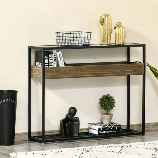 Industrial Style Console Table with Tempered Glass Top and Steel Frame - Green4Life