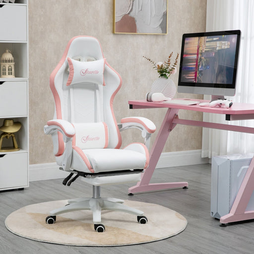 Vinsetto Reclining PU Leather Gaming Chair with Footrest, Removable Headrest and Lumber Support - White/Pink - Green4Life