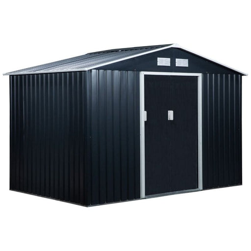 Outsunny 9 x 6FT Garden Metal Storage Shed with Foundation, Ventilation & Doors - Dark Grey - Green4Life