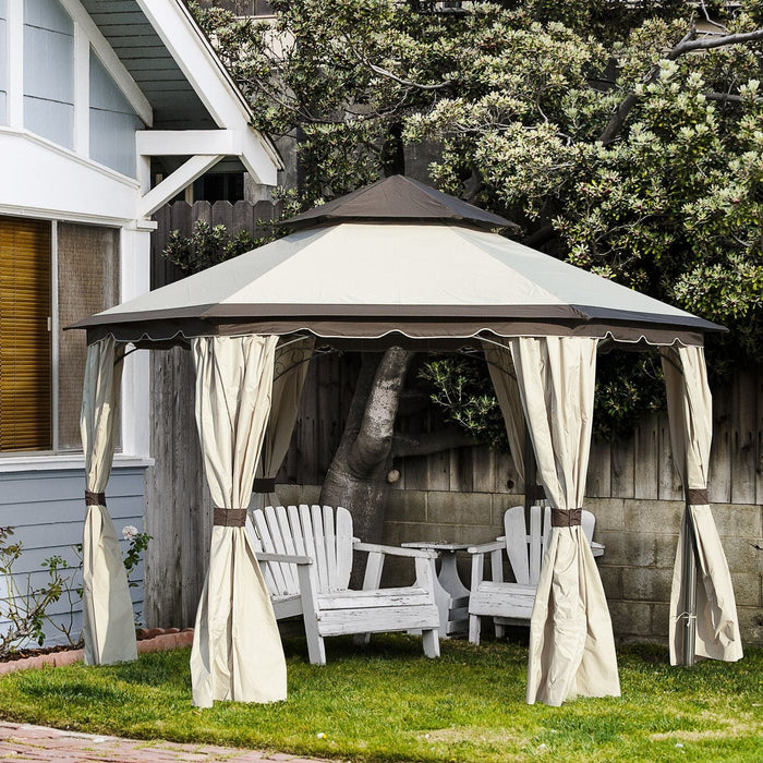 Outsunny 3.4m Classic Beige Steel Gazebo with Tiered Roof and Curtains - Green4Life