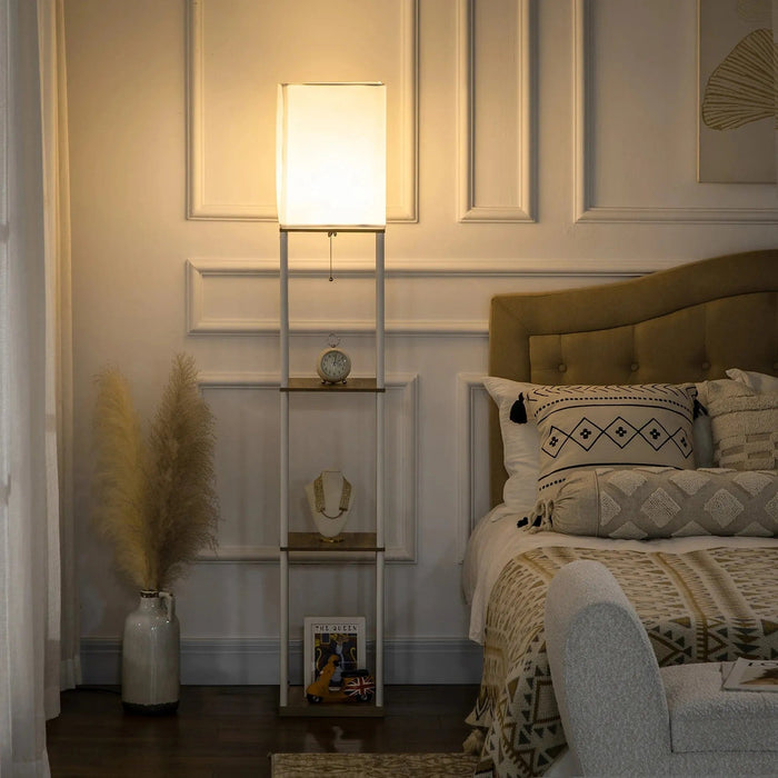Elegant Tower Floor Lamp with Storage Shelves Fabric Shade