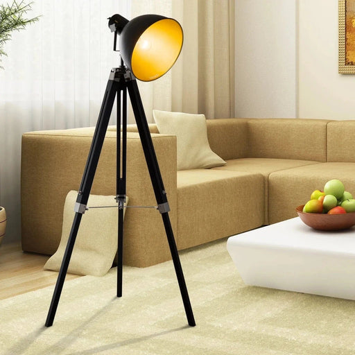 Industrial Style Floor Lamp with Wooden Tripod Legs - Black & Gold - Green4Life