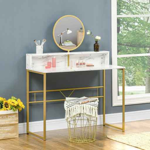 Modern Dressing Table with Round Mirror & Open Storage - White Marble - Green4Life