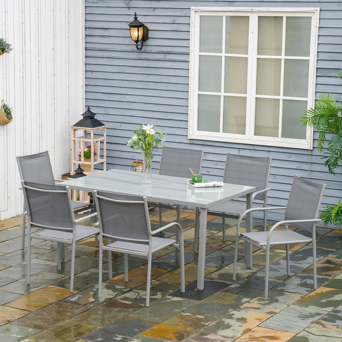 Modern Garden Dining Set - 7-Piece with Tempered Glass Table & Stackable Chairs - Grey - Outsunny - Green4Life