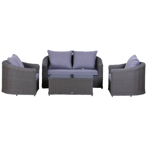 Rattan 4-seater Sofa Garden Furniture Set with Armchair, Loveseat and Glass Top Coffee Table - Grey - Outsunny - Green4Life