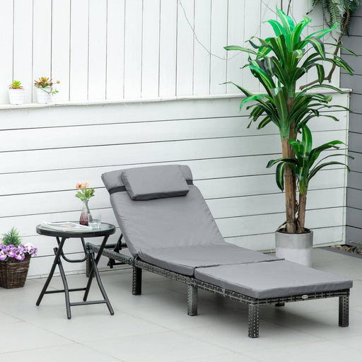 Rattan 5-level Reclining Sun Lounger with Soft Padded Cushion - Grey - Outsunny - Green4Life
