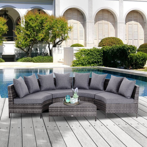 Rattan Garden Furniture 4 Seater Half-round Sofa & Table Set with Cushioned Seats and Pillows - Grey - Outsunny - Green4Life