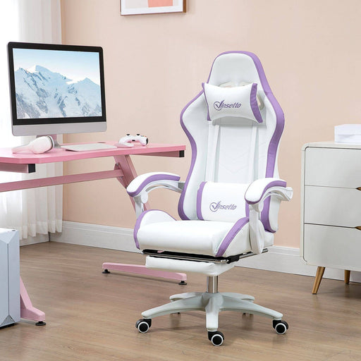 Reclining PU Leather Gaming Chair with Footrest, Removable Headrest and Lumber Support - White/Purple - Green4Life