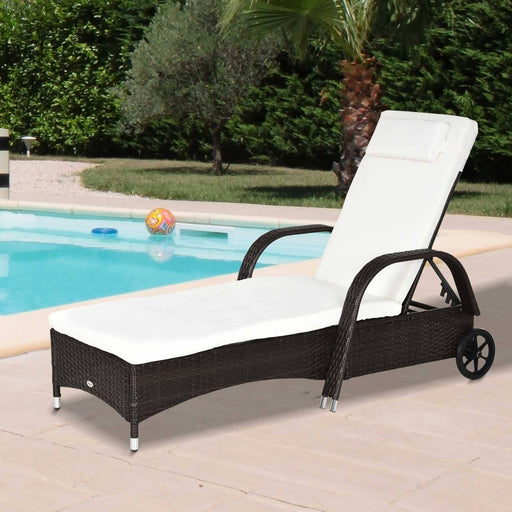 Reclining Sun Lounger with Adjustable Headrest and Fire Retardant Cushion - Brown/White - Outsunny - Green4Life