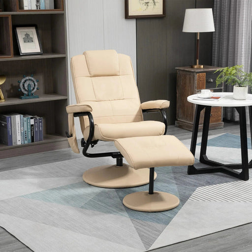 Reclining Massage Armchair with PU Leather Upholstery & Footstool - Cream - Green4Life