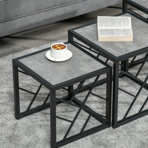 HOMCOM Set of 3 Square Coffee Tables with Metal Frame - Grey - Green4Life