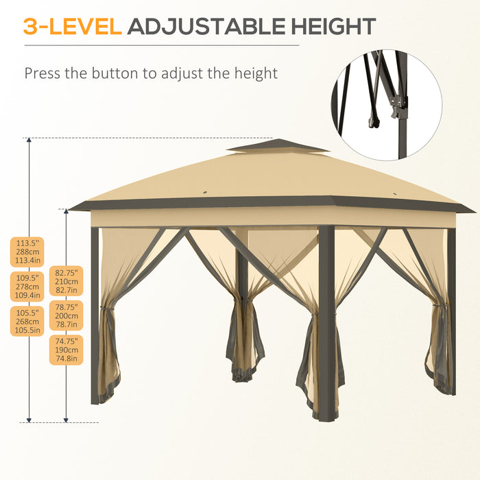 11 x 11 ft (3.35 x 3.35m) Adjustable Double-Roof Gazebo with Mesh Sidewalls - Beige - Outsunny