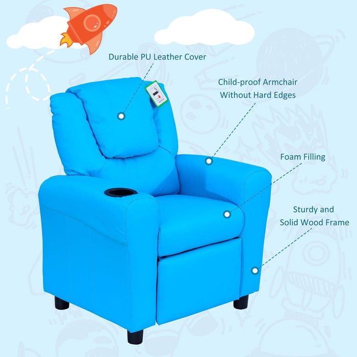 Cosy Blue Kids Recliner Armchair with Cup Holder - Green4Life