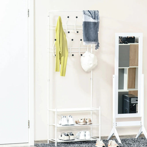 Hallway Coat Hanger with 3-Tier Shoe Storage & 18 Hooks - White - Green4Life