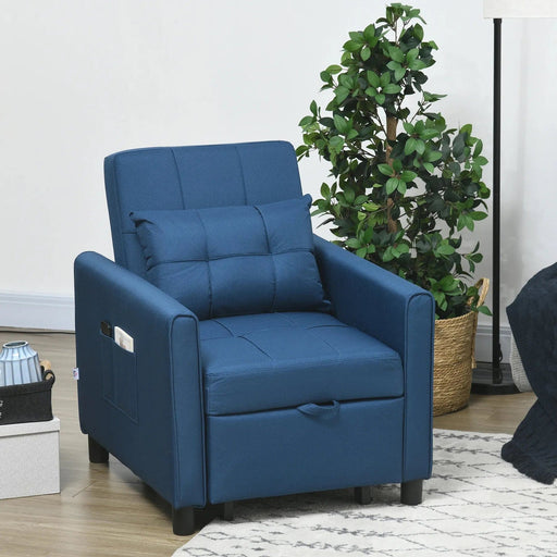 3-In-1 Convertible Chair Bed with Pillow, Adjustable Backrest and Side Pockets - Blue - Green4Life