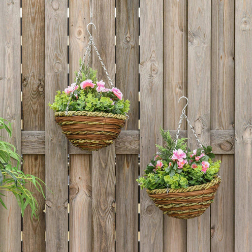 Set of 2 Artificial Plants Lisianthus Flowers with Hanging Planter Baskets - Pink - Outsunny - Green4Life